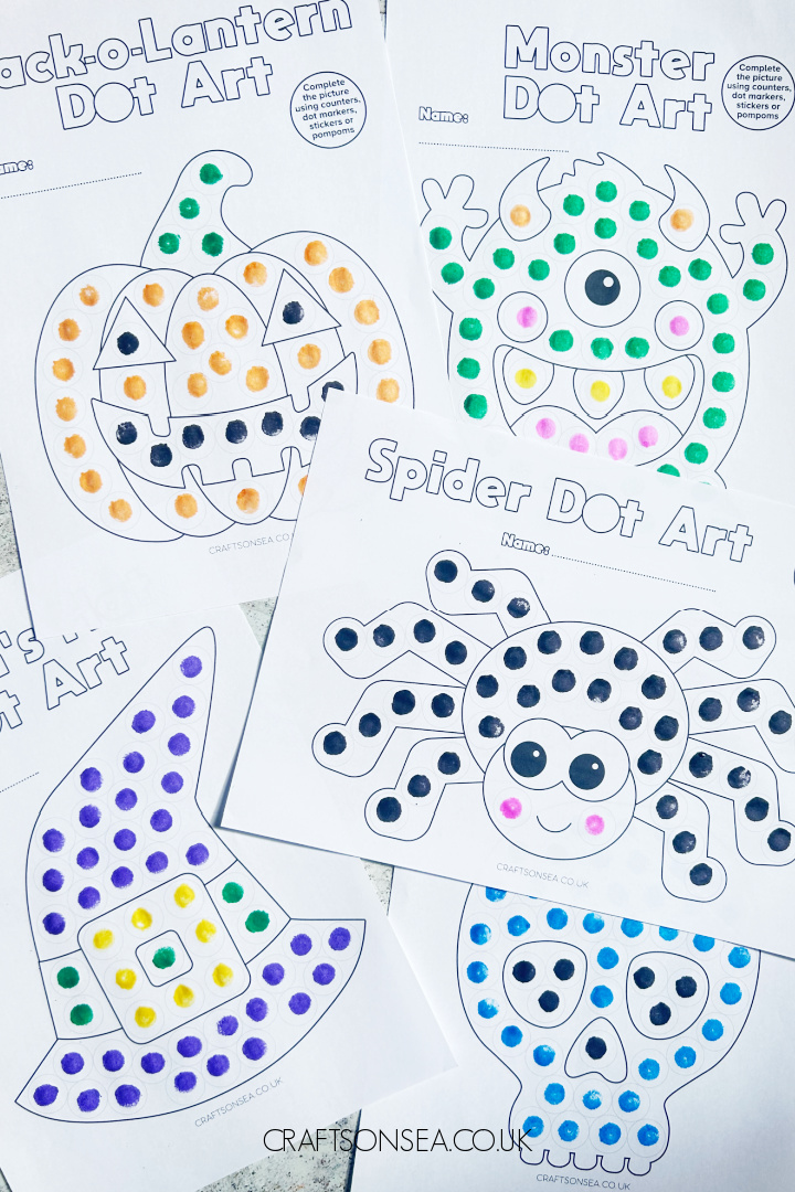 halloween dot marker printables with jack o'lantern, monster, spider, witch's hat and skull dot a dot designs
