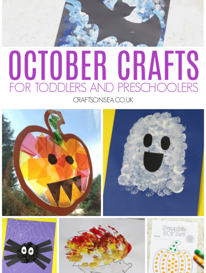 easy October crafts for toddlers and preschoolers with pumpkin, Halloween, bat, spider and fall animal activities