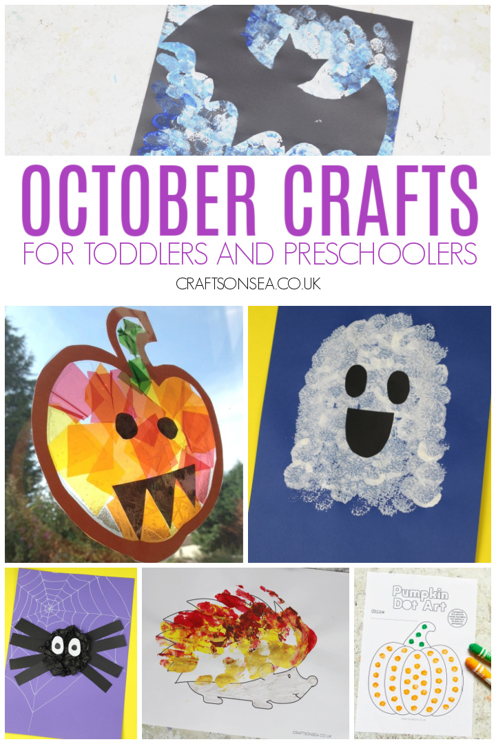 easy October crafts for toddlers and preschoolers with pumpkin, Halloween, bat, spider and fall animal activities