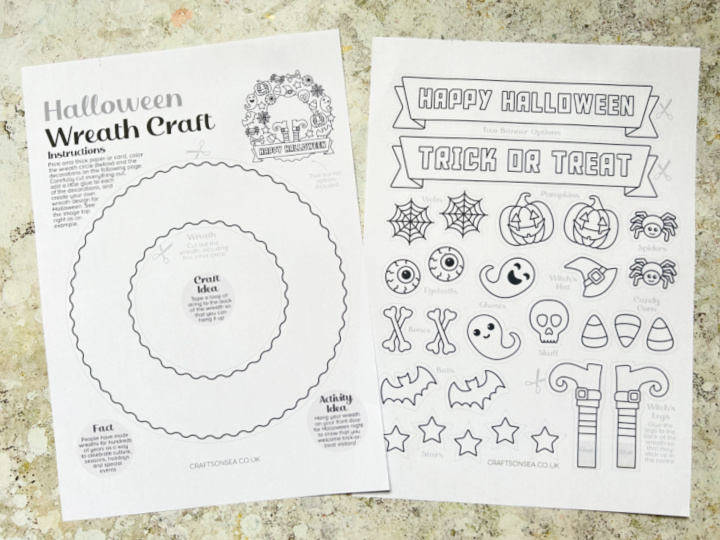 Two page halloween wreath craft printed onto white paper