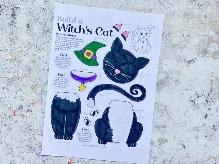 colored in witch's cat craft printable
