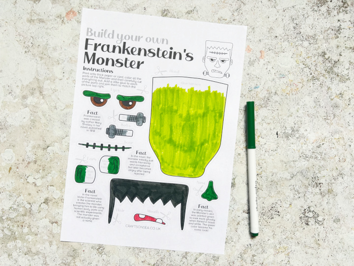 Cut and paste Frankenstein craft colored in with markers