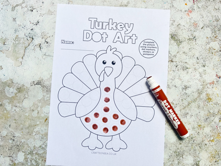 turkey dot marker printable being colored in with dot markers