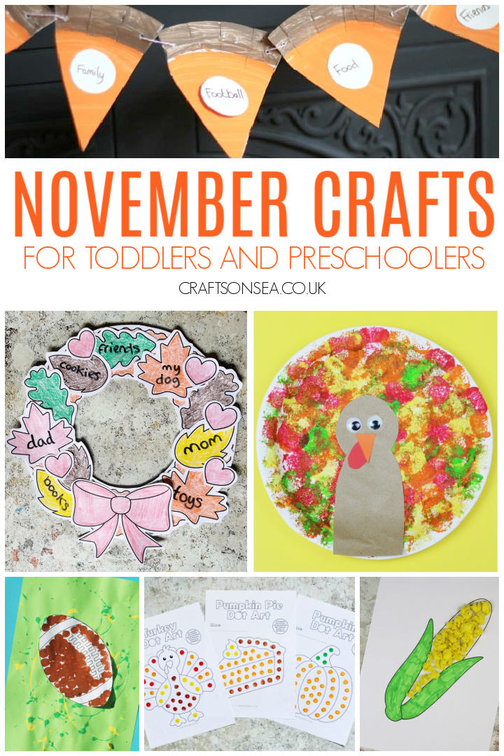 easy November crafts for toddlers and preschoolers with Thanksgiving, turkeys, gratitude and football 