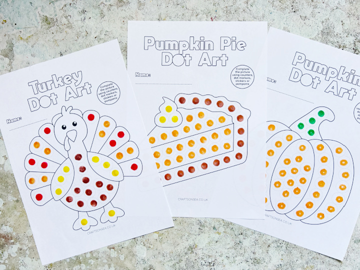 Completed summer dot marker printables with turkey, pumpkin pie and pumpkin designs