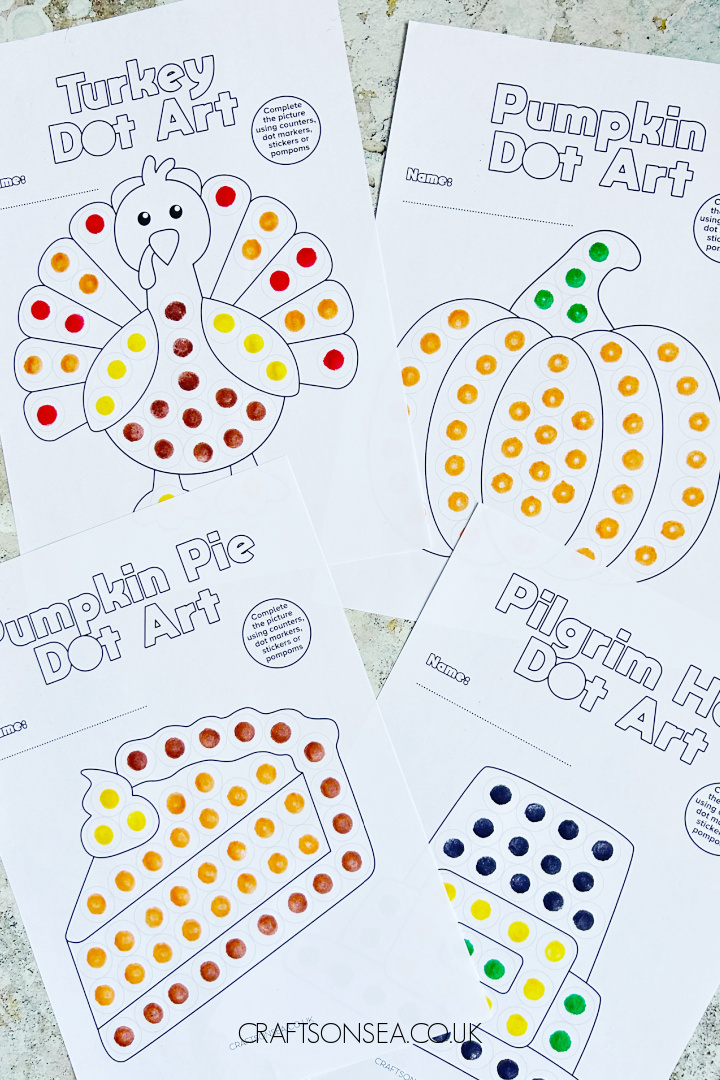 Summer dot marker printables free PDF featuring a turkey, pumpkin, pilgrim hat and pumpkin pie