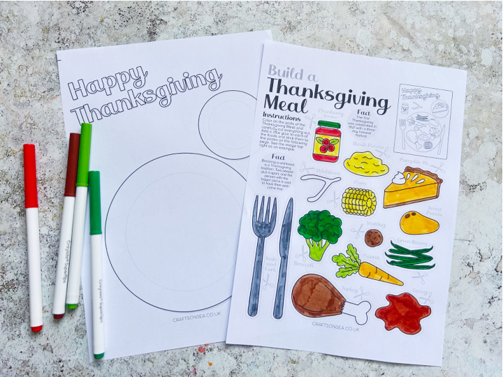 colored in Thanksgiving dinner plate craft printable